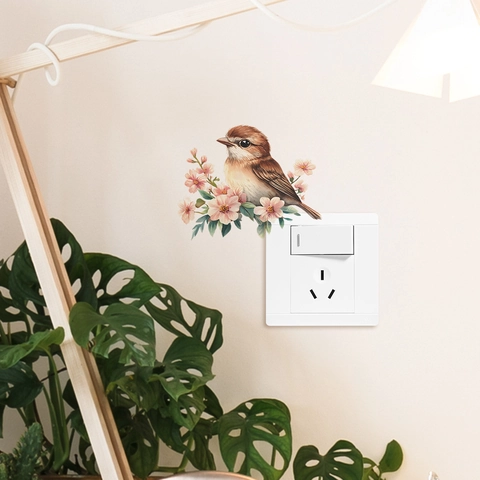 Adesivo per Interruttore con Uccello e Fiori ad Acquerello PVC Impermeabile Sakura Decalcomania per Camera da Letto Casa