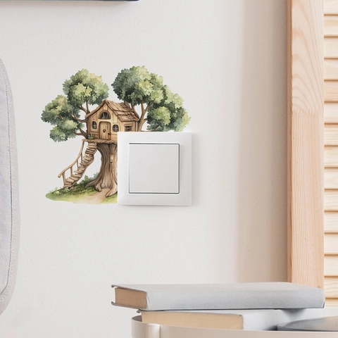 Creatieve Aquarel Boomhut Schakelpaneel Decoratieve Muursticker PVC Gezellige Hut Sticker Voor Slaapkamer Woonkamer Huis Decoratie