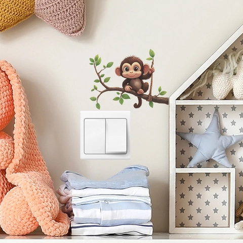 Adesivo da Parete Scimmia Cartone Animato Ramo Foglia Adesivo per Interruttore Luce per Camera dei Bambini Soggiorno PVC Decor