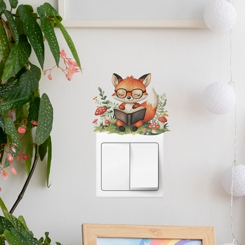 Cartoon Fuchs Liest Buch Lichtschalter Wandtattoo PVC Abnehmbare Heimdekoration Aufkleber Für Wohnzimmer Schlafzimmer Kinderzimmer