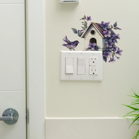 Adesivi Murali Acquerello Uccello Viola Casetta Fiori PVC Autoadesivi Removibili Decorazione Interruttore Camera Letto Soggiorno