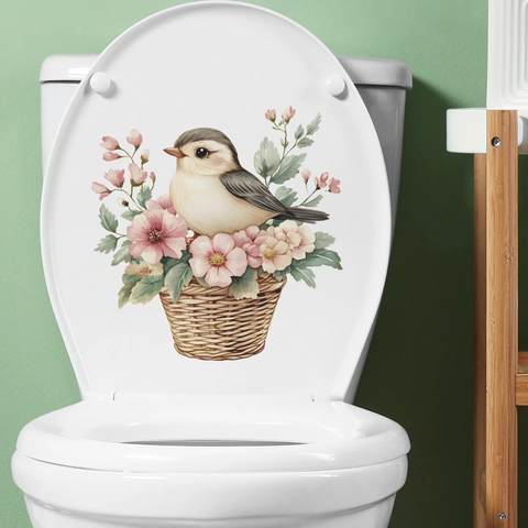 Pegatina de Tapa de Inodoro con Acuarela de Pájaro y Cesta de Flores Calcomanía de PVC Impermeable para Decoración del Hogar