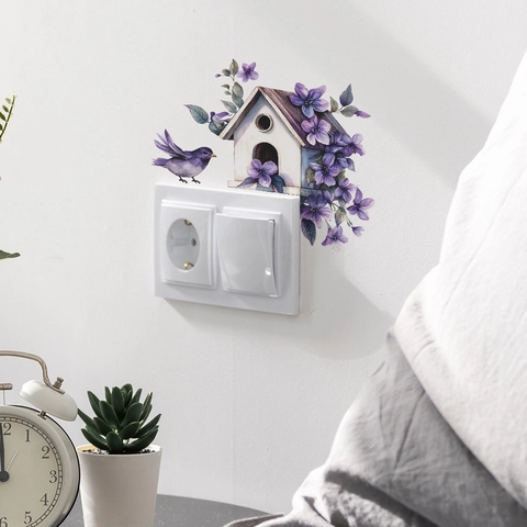 Adesivi Murali Acquerello Uccello Viola Casetta Fiori PVC Autoadesivi Removibili Decorazione Interruttore Camera Letto Soggiorno