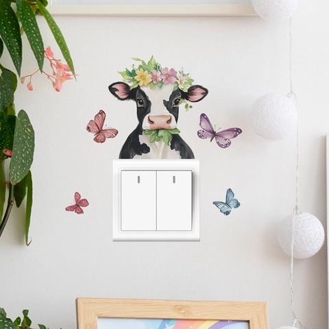 Pegatina de Pared Creativa Vaca Con Guirnalda Floral Y Mariposas Calcomanía de Interruptor Extraíble de PVC Impermeable para Decoración del Hogar