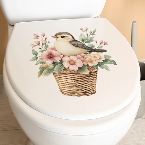 Pegatina de Tapa de Inodoro con Acuarela de Pájaro y Cesta de Flores Calcomanía de PVC Impermeable para Decoración del Hogar