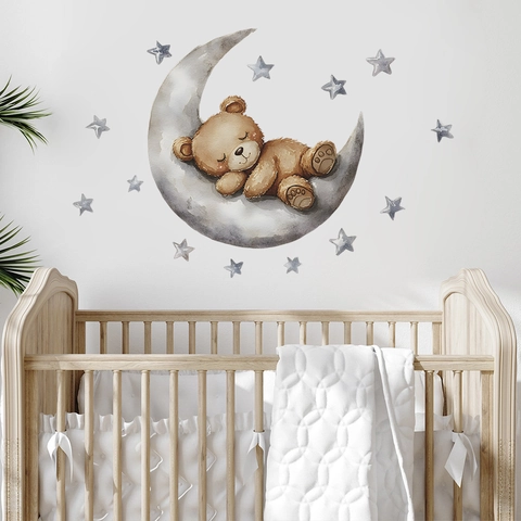 Adesivi Murali a Cartoni Animati Con Orsetto Che Dorme Sulla Luna e Stelle Per Cameretta PVC Removibile Decorazioni Parete