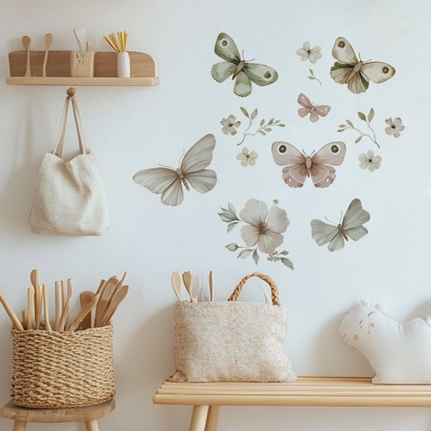 Aquarel Vlinder Bloem Muurstickers PVC Verwijderbare Botanische Muurstickers Voor Babykamer Slaapkamer Woonkamer Decoratie