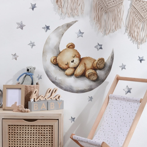 Adesivi Murali a Cartoni Animati Con Orsetto Che Dorme Sulla Luna e Stelle Per Cameretta PVC Removibile Decorazioni Parete