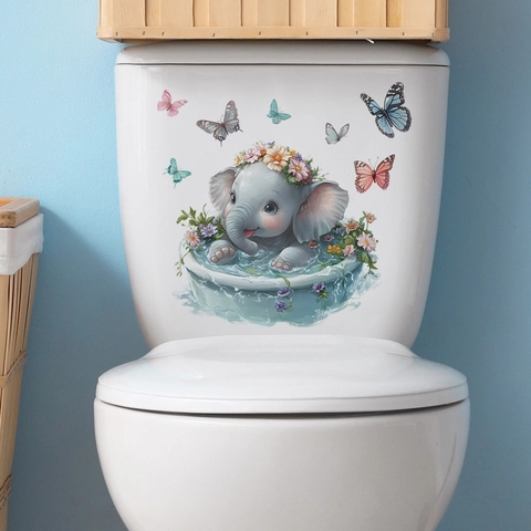 Cartoon Elephant Bathing Toilet Sticker PVC Waterproof Removable Bathroom Wall Decal Butterfly Floral Home Decor Decal