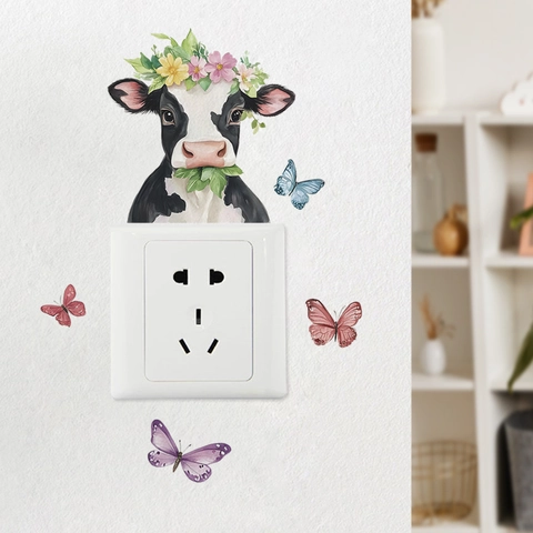 Pegatina de Pared Creativa Vaca Con Guirnalda Floral Y Mariposas Calcomanía de Interruptor Extraíble de PVC Impermeable para Decoración del Hogar