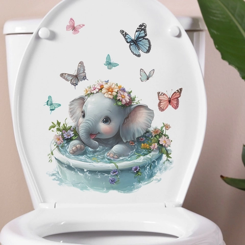 Cartoon Elephant Bathing Toilet Sticker PVC Waterproof Removable Bathroom Wall Decal Butterfly Floral Home Decor Decal