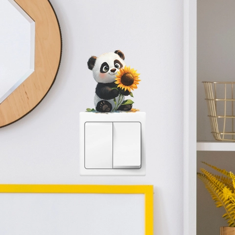 Switch Sticker Cute Cartoon Panda Holding Sunflower PVC Wall Decal For Bedroom Living Room Home Decor Decorative Sticker