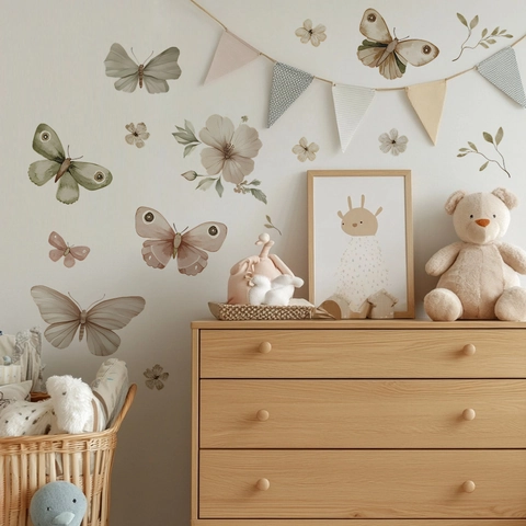 Aquarel Vlinder Bloem Muurstickers PVC Verwijderbare Botanische Muurstickers Voor Babykamer Slaapkamer Woonkamer Decoratie