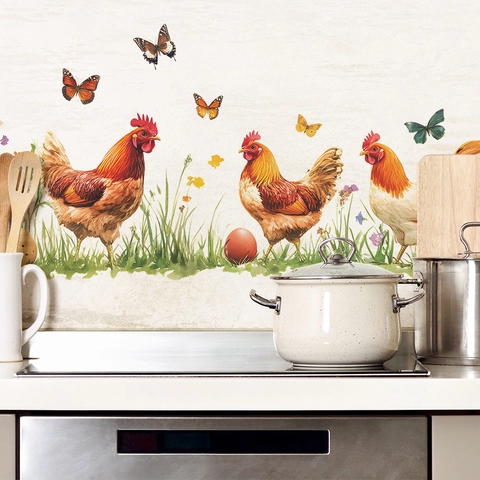 Pastoral Rooster Wall Stickers For Kitchen PVC Chicken Butterfly Floral Decals Waterproof Removable Home Dining Room Background Decor