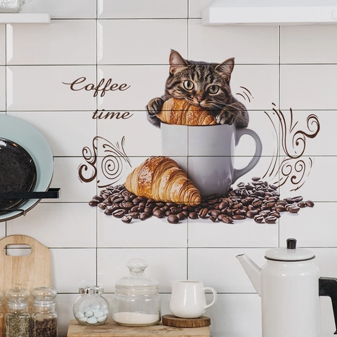 Cute Cat Eating Croissant Coffee Beans Wall Stickers PVC Waterproof Decorative Mural Decals For Kitchen Coffee Shop Cafe