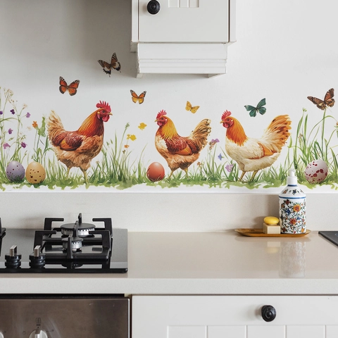 Pastoral Rooster Wall Stickers For Kitchen PVC Chicken Butterfly Floral Decals Waterproof Removable Home Dining Room Background Decor