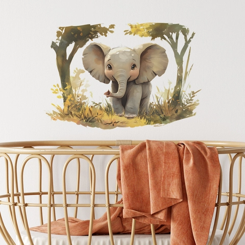 Adesivo Murale Elefante Giungla Acquerello Cameretta Bimbi PVC Animali Foresta Decalcomania Camera da Letto Soggiorno