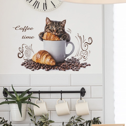 Cute Cat Eating Croissant Coffee Beans Wall Stickers PVC Waterproof Decorative Mural Decals For Kitchen Coffee Shop Cafe