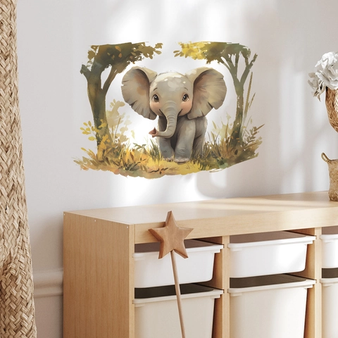 Adesivo Murale Elefante Giungla Acquerello Cameretta Bimbi PVC Animali Foresta Decalcomania Camera da Letto Soggiorno