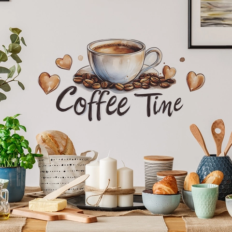 Coffee Time Cup Coffee Beans Heart Wall Sticker PVC Waterproof Removable DIY Mural Art Decal For Kitchen Cafe Home Decor