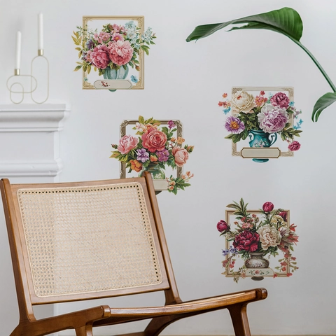 Retro Blumenvase Wandtattoo Europäischer Stil Ölgemälde Blumenmuster PVC Selbstklebend Dekorativ Aufkleber Für Schlafzimmer Wohnzimmer