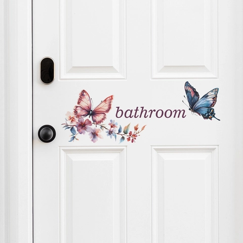 Bathroom Wall Sticker Watercolor Butterfly Floral Bathroom Slogan Removable PVC Wall Decals For Home Bathroom Decoration