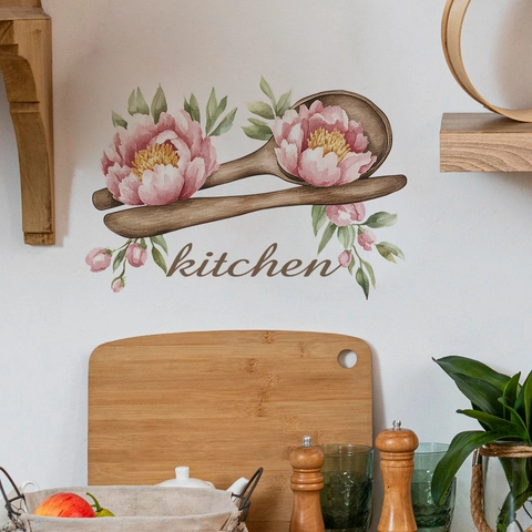 Artistic Watercolor Peony Flower Wooden Spoon Kitchen Wall Sticker PVC Self-Adhesive Removable Mural Home Decor Decal