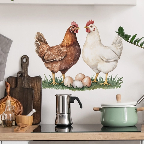 Pastoral Watercolor Rooster Hen Eggs Grass PVC Wall Sticker Self Adhesive Kitchen Home Background Decor Removable Wall Decal
