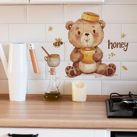 Cartoon Little Bear Bee Honey Pattern Wall Sticker PVC Self-Adhesive Decal For Kitchen Dining Room Home Background Decor
