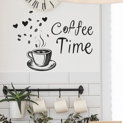 Coffee Time Wall Sticker PVC Removable Decal Coffee Cup Beans Pattern For Kitchen Restaurant Cafe Home Wall Decor Black