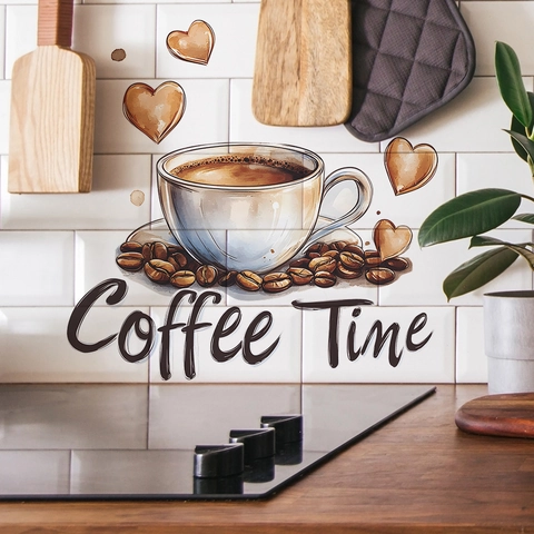 Coffee Time Cup Coffee Beans Heart Wall Sticker PVC Waterproof Removable DIY Mural Art Decal For Kitchen Cafe Home Decor