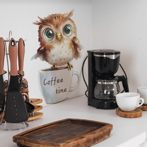 Cartoon Eule Kaffeetasse Wandaufkleber PVC Wasserdicht Abnehmbare Kunst Aufkleber Für Küche Restaurant Haus Dekor Coffee Time Thema