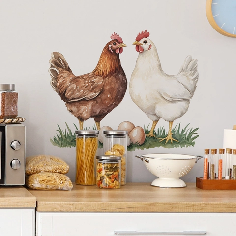 Pastoral Watercolor Rooster Hen Eggs Grass PVC Wall Sticker Self Adhesive Kitchen Home Background Decor Removable Wall Decal