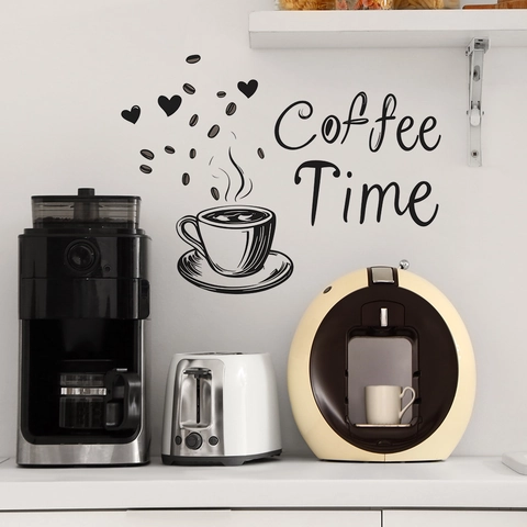 Coffee Time Wall Sticker PVC Removable Decal Coffee Cup Beans Pattern For Kitchen Restaurant Cafe Home Wall Decor Black