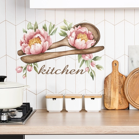 Artistic Watercolor Peony Flower Wooden Spoon Kitchen Wall Sticker PVC Self-Adhesive Removable Mural Home Decor Decal