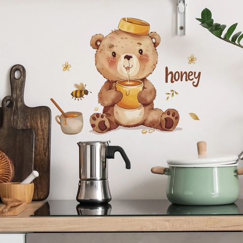Cartoon Little Bear Bee Honey Pattern Wall Sticker PVC Self-Adhesive Decal For Kitchen Dining Room Home Background Decor