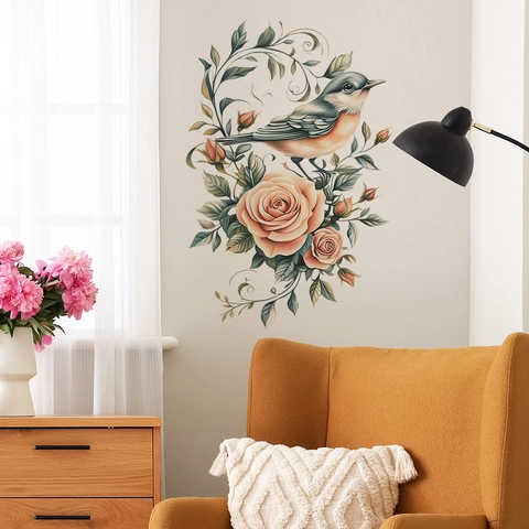 Adesivo da Parete Vintage Con Rose e Uccello PVC Stampato Acquerello Floreale per Decorazione Camera da Letto Soggiorno