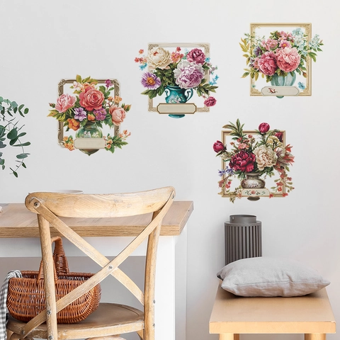 Retro Blumenvase Wandtattoo Europäischer Stil Ölgemälde Blumenmuster PVC Selbstklebend Dekorativ Aufkleber Für Schlafzimmer Wohnzimmer