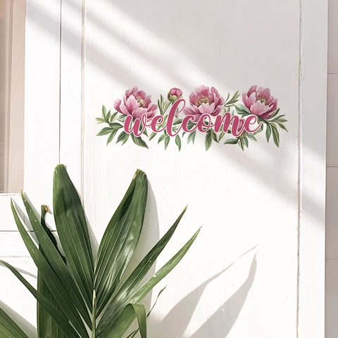 Welcome Slogan Pink Peony Flower Wall Sticker PVC Removable Art Decal For Bedroom Living Room Door Home Background Decoration