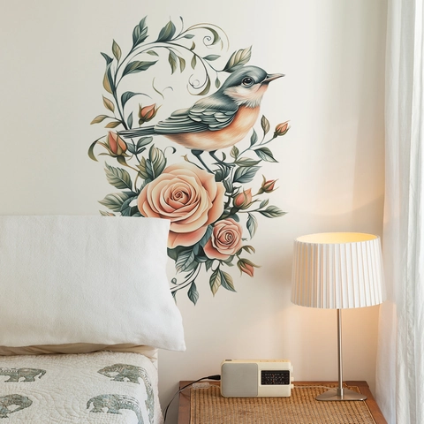 Adesivo da Parete Vintage Con Rose e Uccello PVC Stampato Acquerello Floreale per Decorazione Camera da Letto Soggiorno