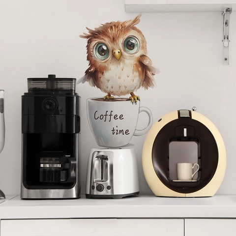 Cartoon Eule Kaffeetasse Wandaufkleber PVC Wasserdicht Abnehmbare Kunst Aufkleber Für Küche Restaurant Haus Dekor Coffee Time Thema