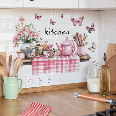 Watercolor Kitchen Wall Stickers Teapot Flower Butterfly Design PVC Removable Decals For Dining Room Restaurant Home Decor
