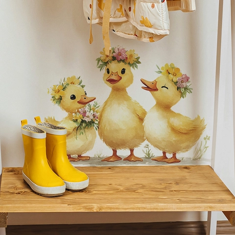 Adesivi Murali Famiglia Paperetta Gialla per Cameretta Bambini Camera da Letto Soggiorno Decorazione Acquerello Floreale PVC