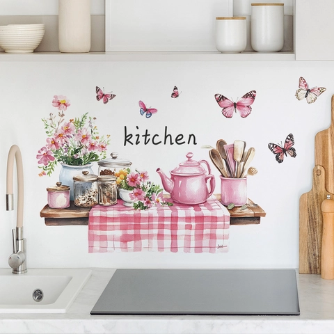 Watercolor Kitchen Wall Stickers Teapot Flower Butterfly Design PVC Removable Decals For Dining Room Restaurant Home Decor