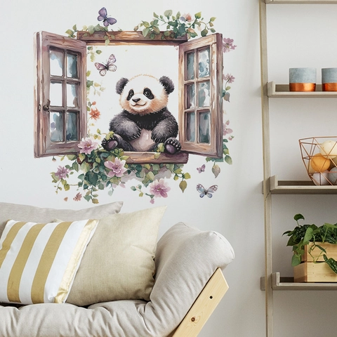 Kreativer Panda Falsches Fenster Wandtattoo Mit Schmetterling Blume Aquarell PVC Aufkleber Für Schlafzimmer Wohnzimmer Heimdekor