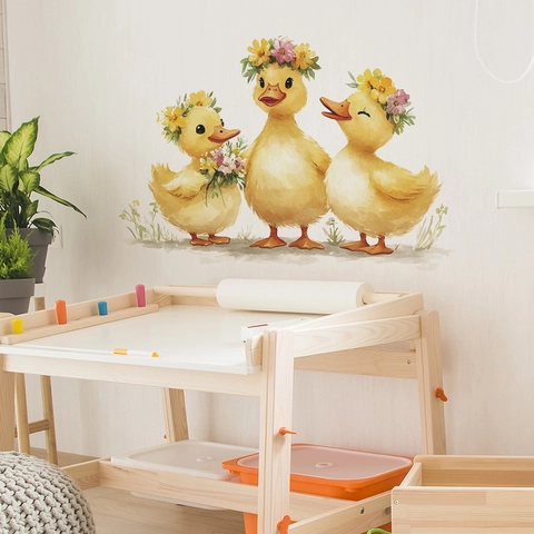 Adesivi Murali Famiglia Paperetta Gialla per Cameretta Bambini Camera da Letto Soggiorno Decorazione Acquerello Floreale PVC