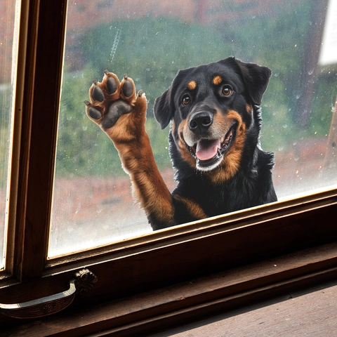 Sticker de Fenêtre Chien Rottweiler 3D Réaliste qui Salue en PVC Transparent UV pour Décoration de Fenêtre en Verre Maison Voiture