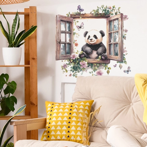 Kreativer Panda Falsches Fenster Wandtattoo Mit Schmetterling Blume Aquarell PVC Aufkleber Für Schlafzimmer Wohnzimmer Heimdekor