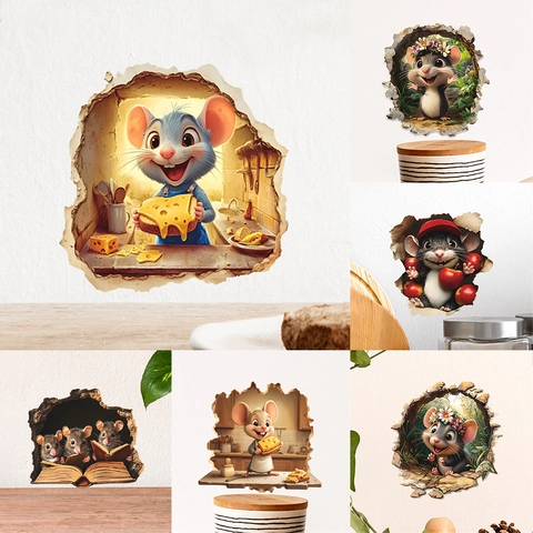 Pegatinas de Pared 3D Agujero de Ratón Dibujos Animados DIY Impermeable PVC Murales para Hogar Cocina Escaleras Sala de Estar
