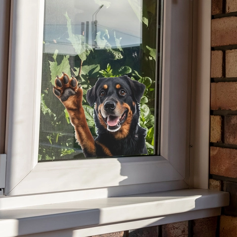 Sticker de Fenêtre Chien Rottweiler 3D Réaliste qui Salue en PVC Transparent UV pour Décoration de Fenêtre en Verre Maison Voiture